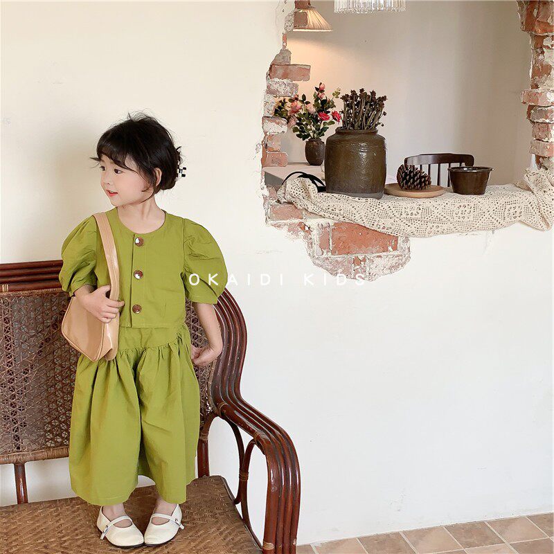 Okaidi French girls 2022 summer broad leg pants suit children's pure casual baby bubble sleeve two pieces