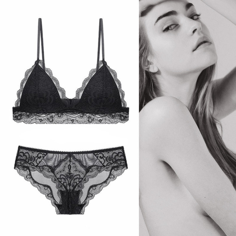 French Lace Bralette Women's Underwear No Steel Ring Slim Fit Triangular Cup Small Chest Comfort Lingerie Suit