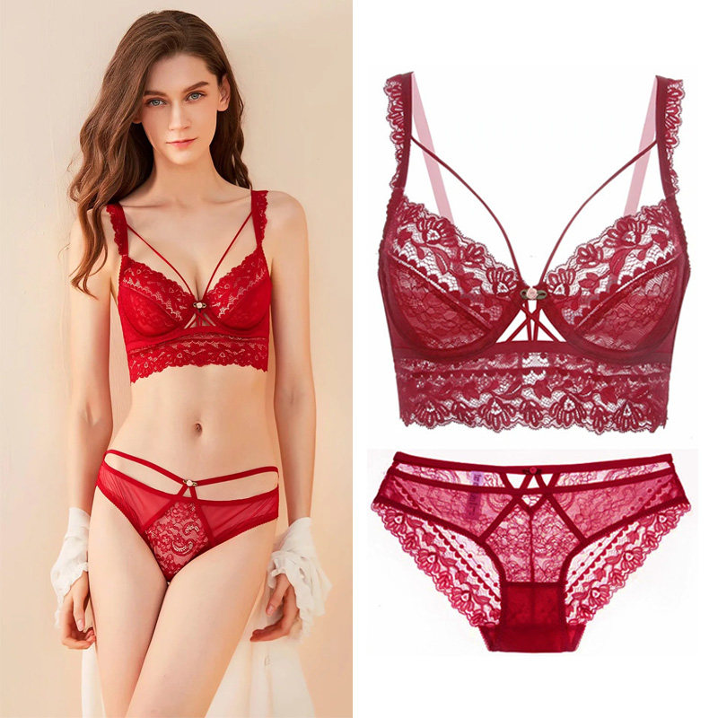 Red natal year wedding underwear suit female full cup sexy lace edge ultra-thin sponge-free underwear bra summer