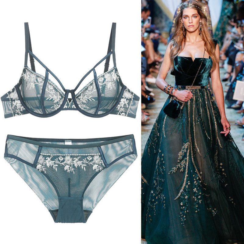 Style lingerie suit Perspective ultra-thin web yarn transparent C cup bra hollowed-out embroidery lace sexy lingerie suit