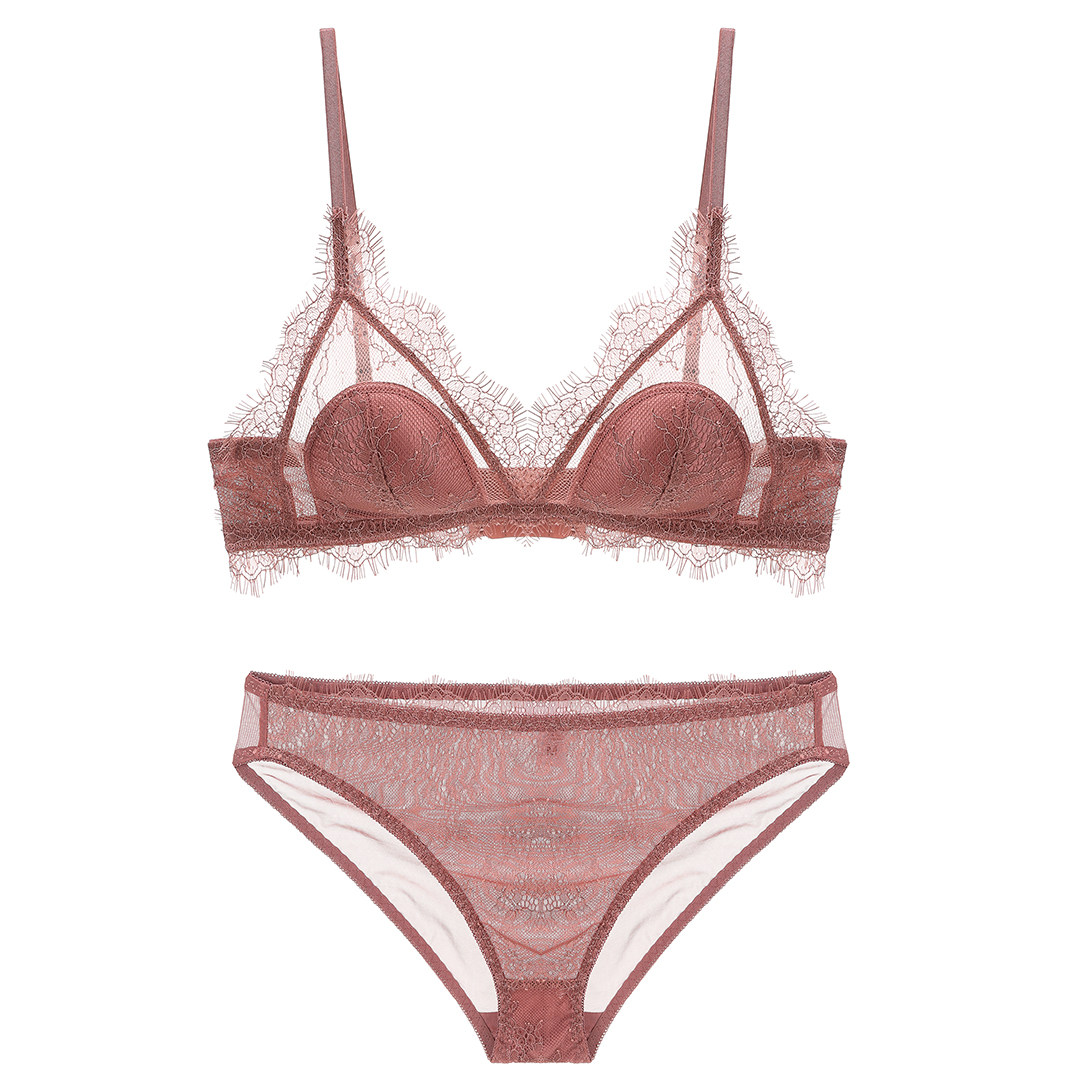 New French underwear sexy lashes lace no steel ring underwear set gathers ultra-thin bralette