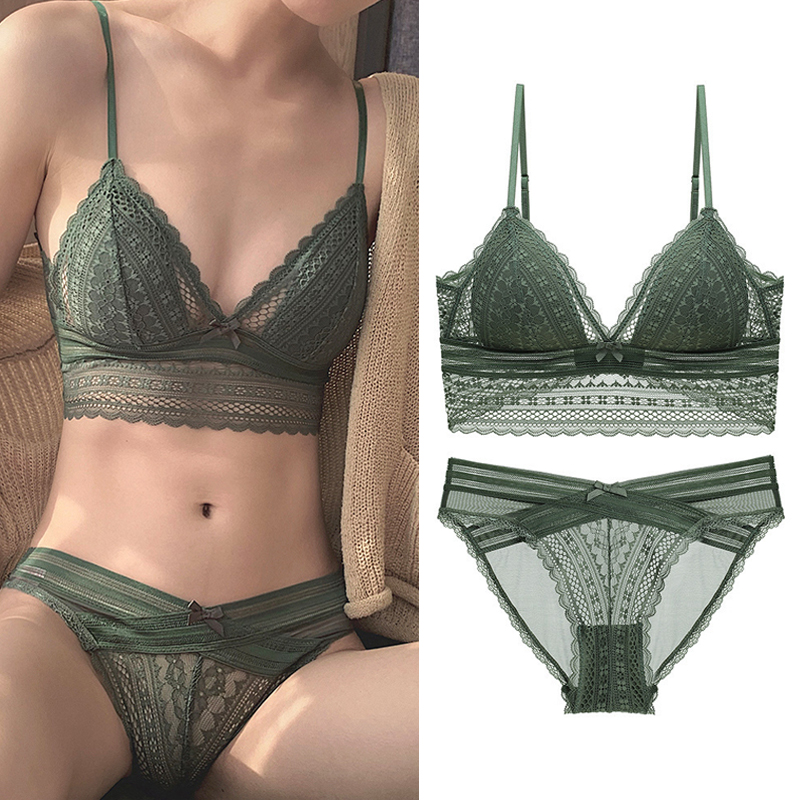 French lace thin underwear, sexy red triangle cup bra set, beautiful back, big breasts, small women's summer