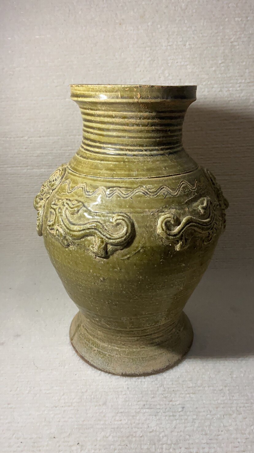 Song Yue Kiln Green Glazed Relief God Baguer Double Ear Bottle Antique Ancient Play Old Goods Old Goods Antique Porcelain Collection Pendulum with House Instrumental-Taobao