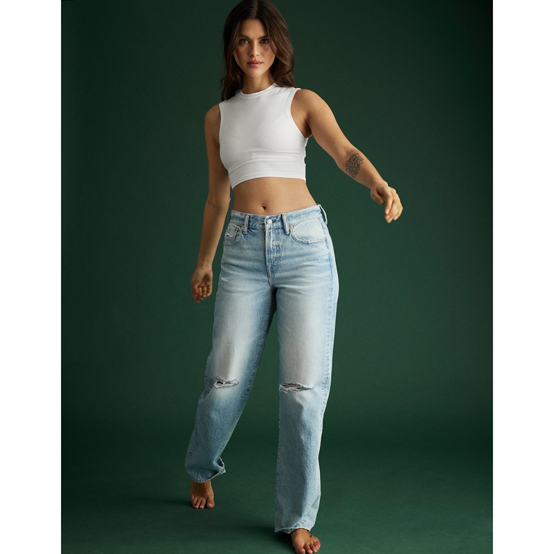 American Style Ae Retro High-End Line Light Blue Low-Waist Loose Ripped Straight-Leg Jeans