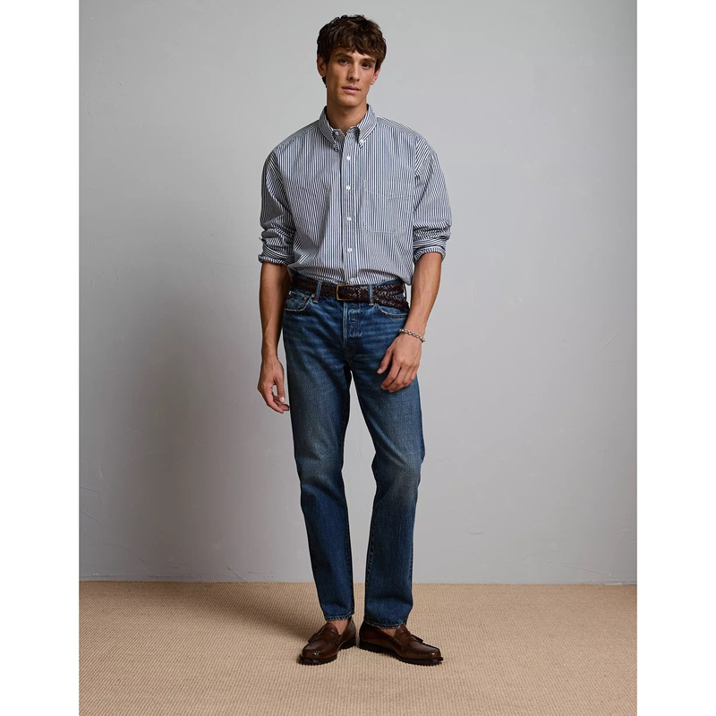 American Style Ae Gender-Neutral High-End Vintage Line Classic Selvedge Fabric Washed Distressed Straight-Leg Jeans