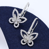 AU750 platinum cluster inlaid with imported D color moissanite double butterfly ear hook earrings earrings pure silver simple hollow earrings