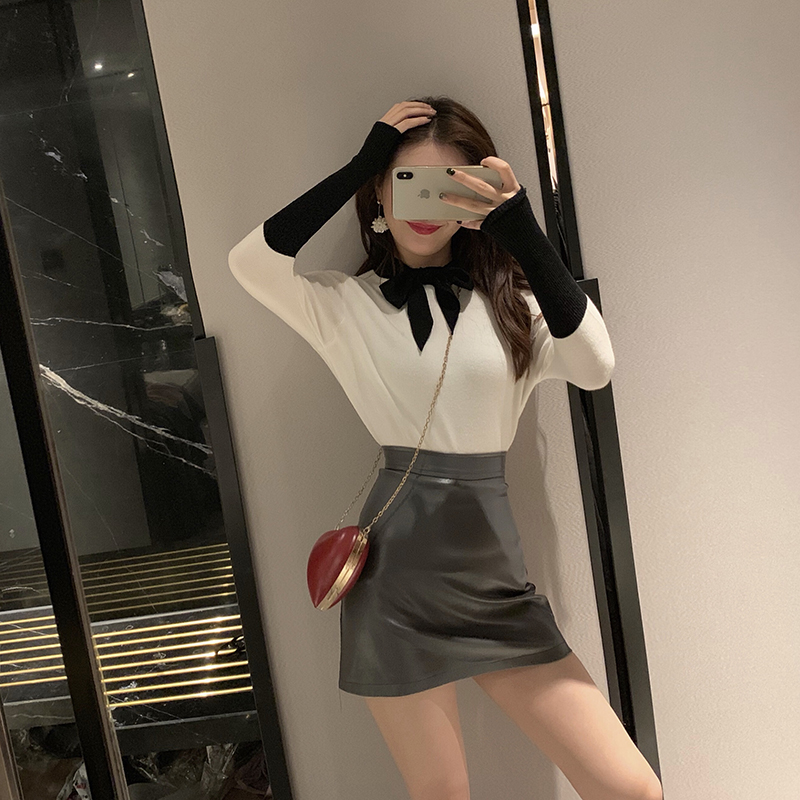 VK旗艦店 韓國風蝴蝶結拼色針織衫長袖上衣