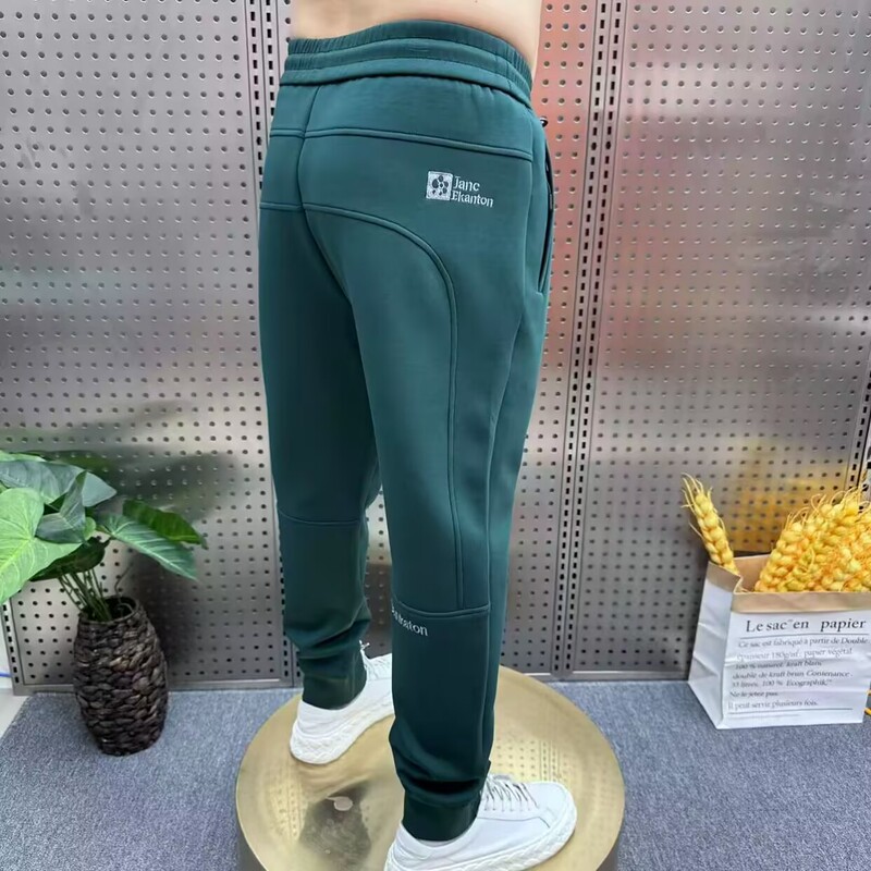 Spring and Autumn Ribbed Cotton Green Sweatpants Casual Pants Men's Versatile Jogger Pants with Zipper Pockets Slim Fit Trendy Pants