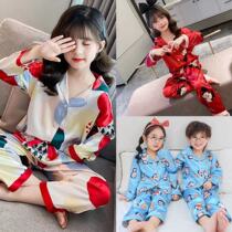 Girl Pyjamas 2021 Autumn New Boy Ice Silk Long Sleeve Spring Autumn Cartoon Home Conserved Baby Foreign Air Princess Women Bao