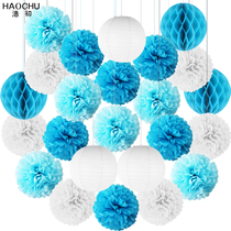 24pcs set White Blue Party Paper Big Lann Tisdue Pompoms Flo