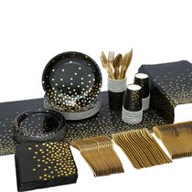 Black Gold Dot Tablecloth Black Theme Plate Party Birthday E