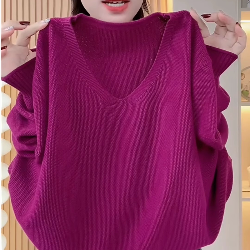 Pure Cotton Pineapple Pattern Knit Sweater V-Neck Loose Slimming Top 2025 Autumn New Solid Color Versatile Sweater