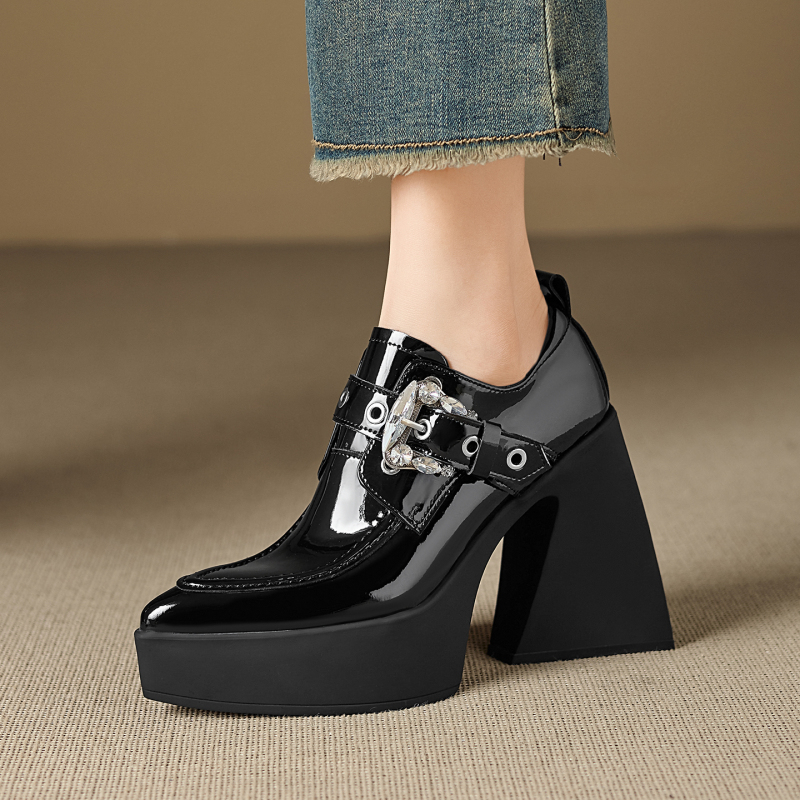 12cm Thick Heel Platform Loafers, New Fashion Versatile Height-Increasing Rhinestone Waterproof Platform Shoes for Women 12cm Thick Heel Platform Loafers, New Fashion Versatile Height-Increasing Rhinestone Waterproof Platform Shoes for Women