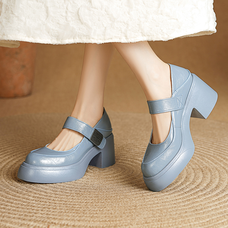 7cm High Heel Chunky Platform Shallow Mouth Single Shoes for Women with Velcro Blue Mary Jane Shoes Breathable Versatile Small Leather Shoes Size 40 7cm High Heel Chunky Platform Shallow Mouth Single Shoes for Women with Velcro Blue Mary Jane Shoes Breathable Versatile Small Leather Shoes Size 40
