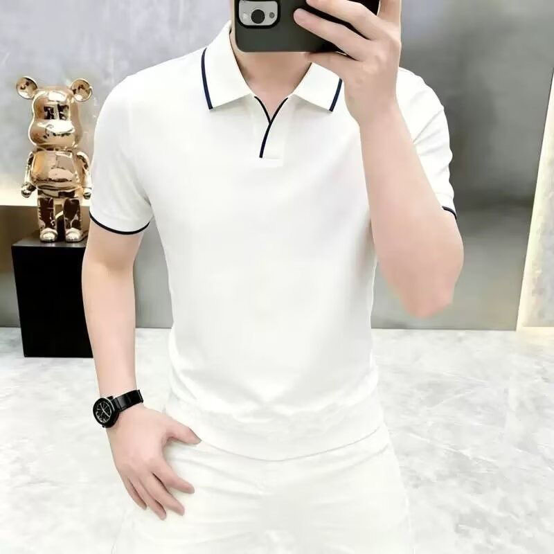 Polo Shirt Men's Short-Sleeved T-Shirt Seagull Collar Lapel Contrast Color V-Neck Business Casual Slim Fit Versatile Half-Sleeved Polo Shirt