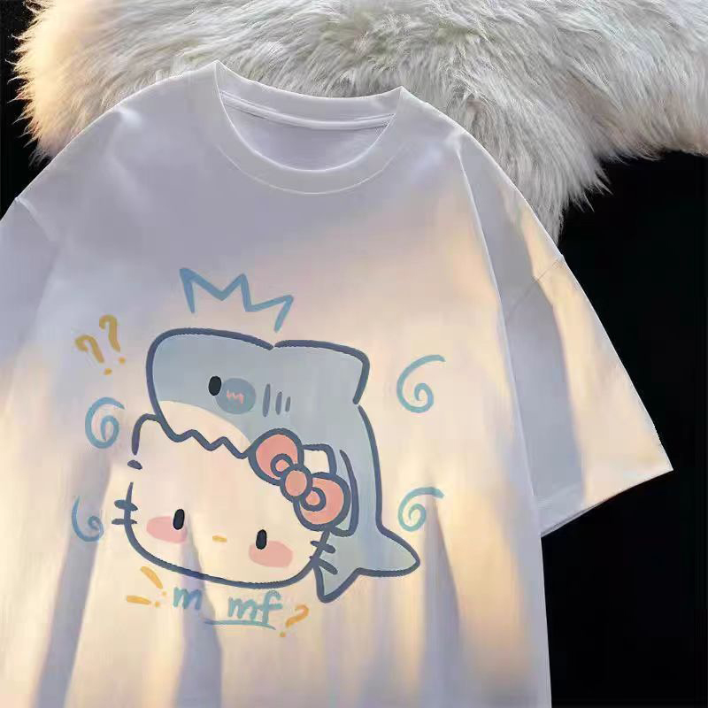 Pure Cotton Short-Sleeved T-Shirt for Girls, New Summer Style, Cartoon Shark and Kitten Casual Top, Trendy T-Shirt for Older Children