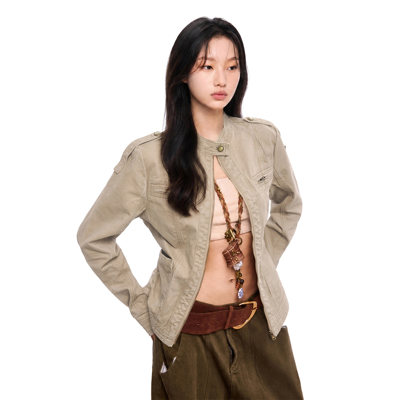 American-Style Distressed Stand-Collar Denim Jacket for Women, 2026 Autumn New Vintage Niche Design, Regular Shoulder Short Top