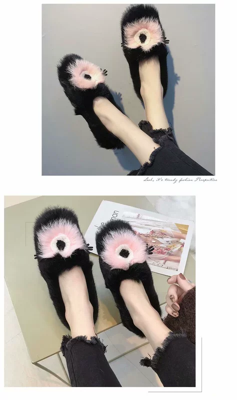 Zhang Beibei với cùng một đôi giày len mắt to lông thỏ mang giày thấp, lưới chân, giày nữ mùa thu và giày trắng phẳng