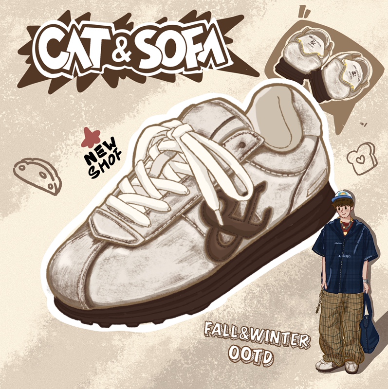 Cat and Sofa/Color-Washed White Bread Shoes, Distressed Thick-Soled Autumn and Winter Old Money Style Height-Increasing Shoes for Chubby Feet