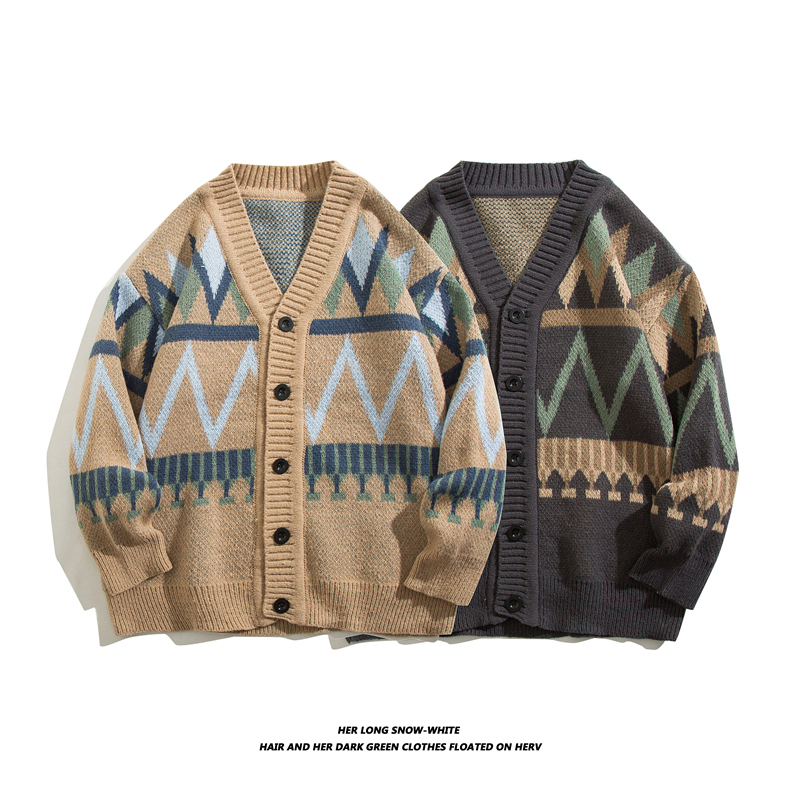 Japanese Retro Jacquard Cardigan Sweater for Men, Autumn and Winter ins Trendy Loose Versatile Argyle Casual Knit Jacket