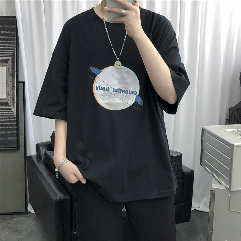 Summer new short sleeves T-shirt male Korean version Trend ins surges Fire Tide Card Planet Printed Half Sleeve Port Wind Loose Clothing