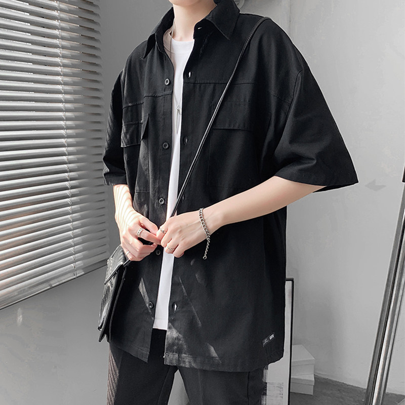 Summer Tooling Short Sleeve Shirt Male Korean version Trend Ins Wind Day Department Loose Shirt Casual 100 lap up clothes