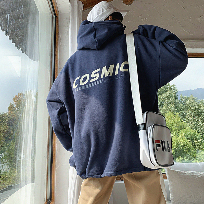 Port Wind Chic Autumn Winter Loose Tide Blouses the Han version Leisure Lianhood Garching thickened thick cotton T male