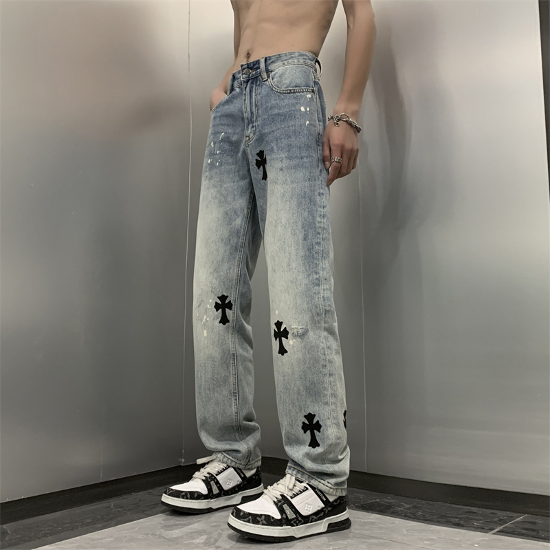 Spring and Autumn Cross-Shaped Jeans for Men, American Retro Distressed Loose Straight High Street Hip-Hop Vibe Style Long Pants Spring and Autumn Cross-Shaped Jeans for Men, American Retro Distressed Loose Straight High Street Hip-Hop Vibe Style Long Pants