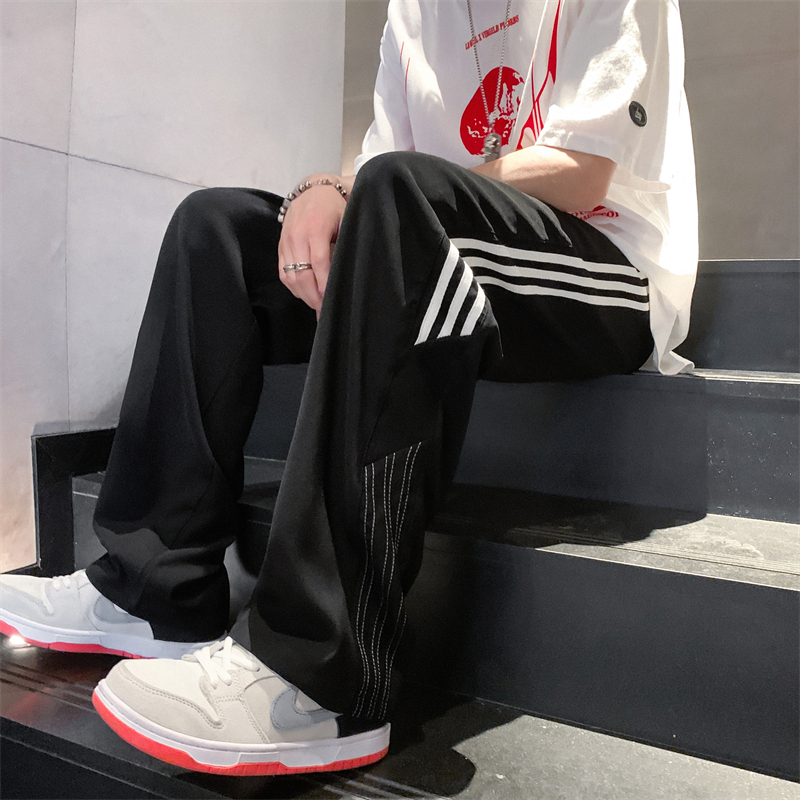 Hong Kong Style Retro Striped Casual Pants for Men, Loose Straight Wide-Leg Pants, Summer Korean Fashion Versatile Sports Pants