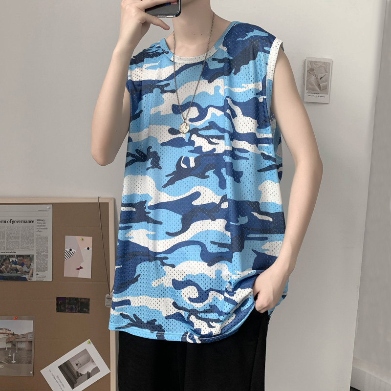 Summer slim Ice Silk Camouflak Vest Men's Chains Truffle Personality Kan Shoulder Sleeveless T-shirt Loose Sport Cross-Bar Sweatshirt