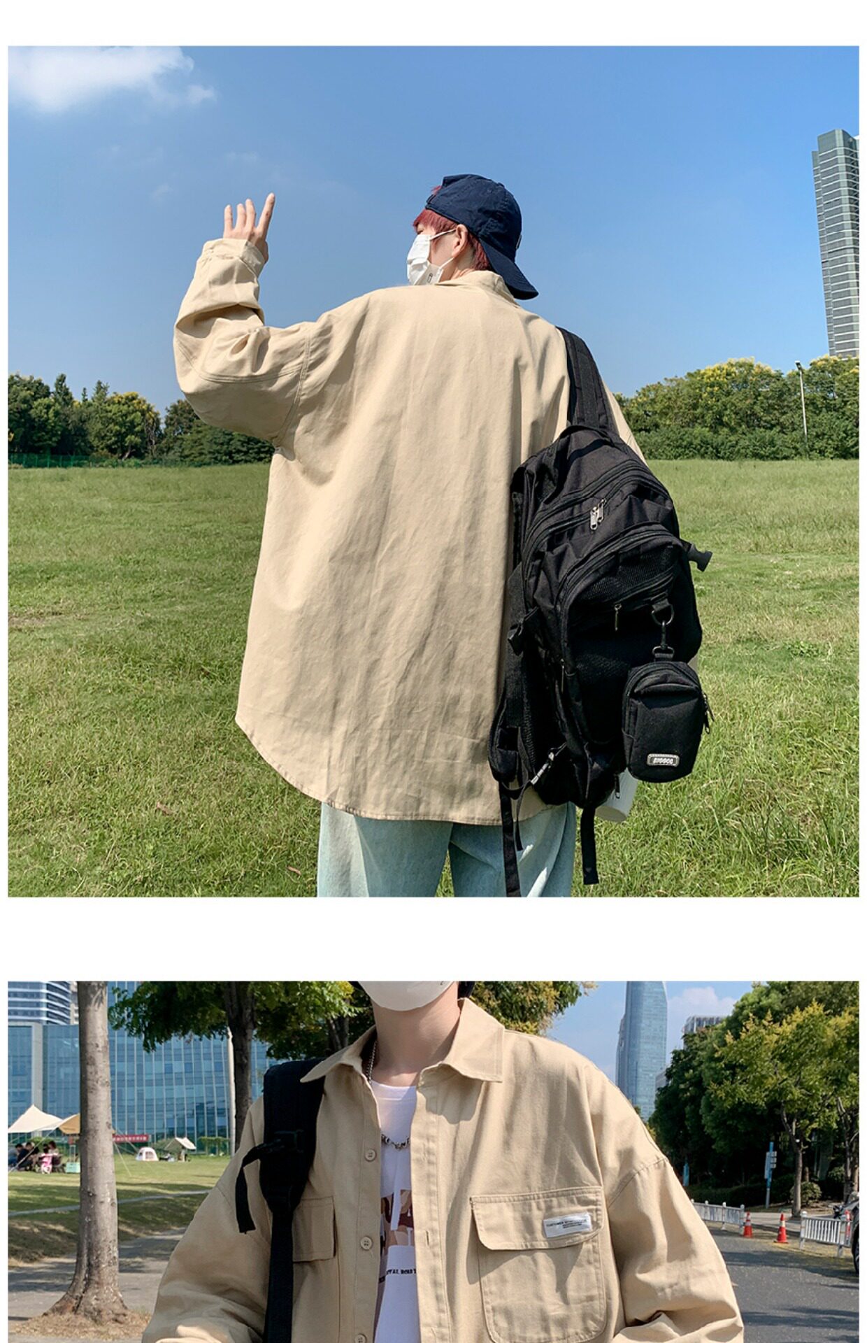 日系cityboy翻领衬衫男春秋季宽松百搭简约纯色外套帅气工装上衣详情7