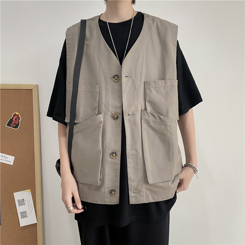 Summer ins Chains Chains Day Department Overalls Machiale Male Port Wind relaxation Outside Wearing Kan Shoulder Vest Multi-Pocket Jacket