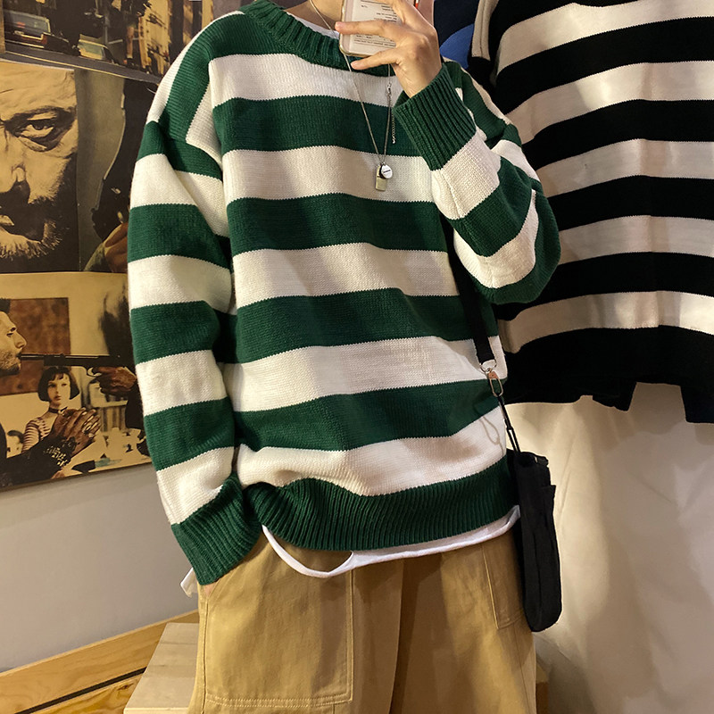 Autumn Winter Striped Sweater Mans Fashion Korean version Loose Bump Color Needle Weasel-shirt Harbor Wind Teen Woolen Clothing