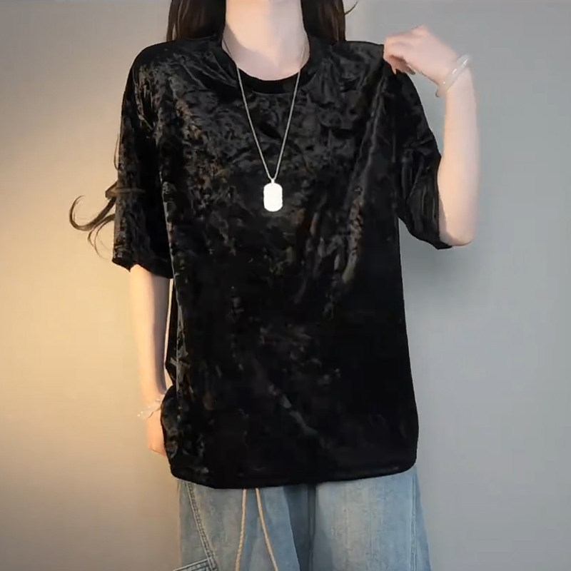 Black Niche Tie-Dye Satin Velvet Short-Sleeve Men's Summer American-Style Trendy Brand Cool Half-Sleeve Relaxed Fit Regular Shoulder T-Shirt