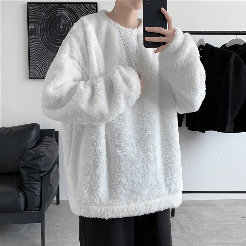 Casual and Relaxed Loose Lamb Wool Sweatshirt for Men, Autumn and Winter Trendy Brand Couple's Solid Color Jacket, Fleece-Lined and Thickened Top