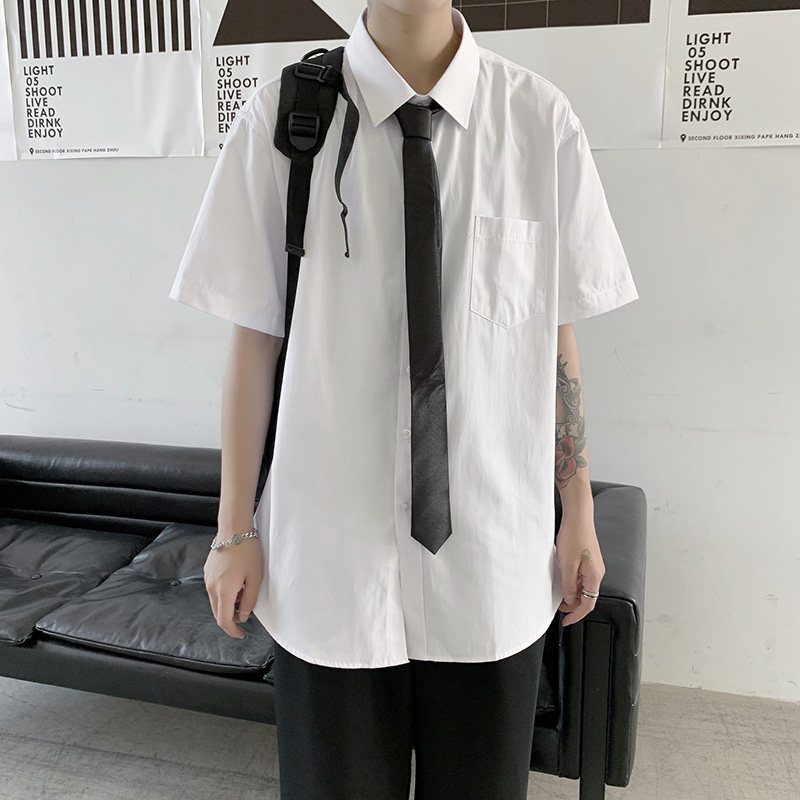 Summer thin white shirt men's short-sleeved Korean version trendy handsome half-sleeved shirt bf Hong Kong style loose casual dk uniform