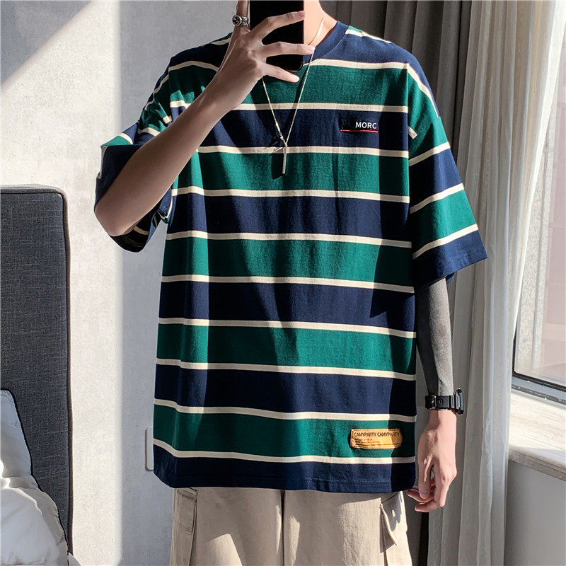 Original Cebu Wind striped short sleeve T-shirt Male Ins trend Chauded half sleeve T-shirt Summer Korean version easy for student blouses