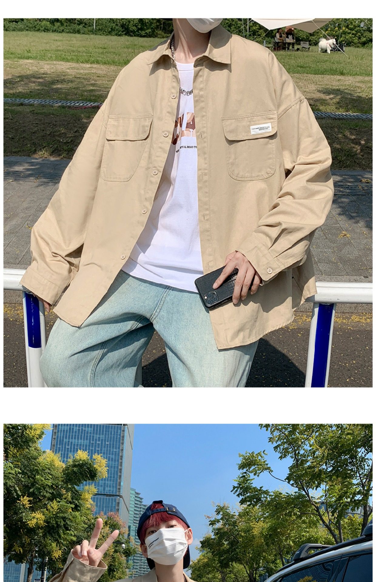 日系cityboy翻领衬衫男春秋季宽松百搭简约纯色外套帅气工装上衣详情11