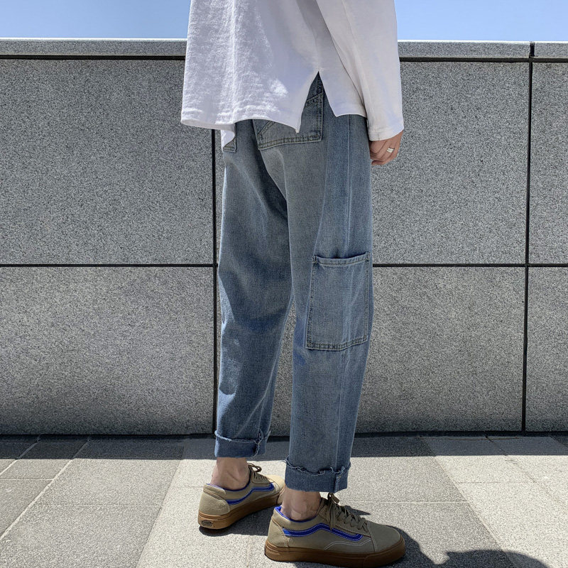 Summer Ins Port Wind Retro Denim Jeans Male Straight Drum Loose Pendant Feeling Wide Leg Old Daddy Pants Net Red Hairy Side 90% Pants