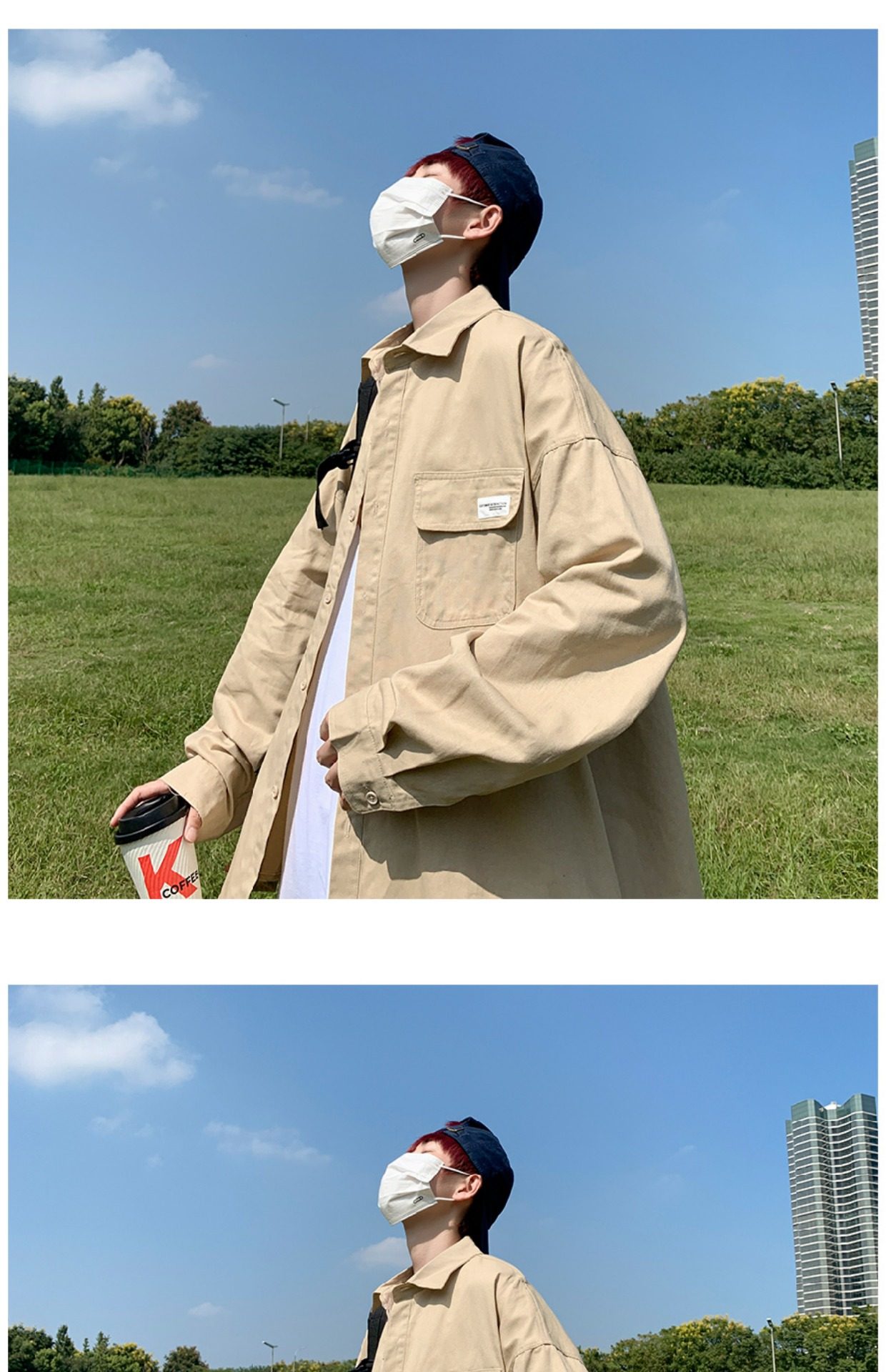 日系cityboy翻领衬衫男春秋季宽松百搭简约纯色外套帅气工装上衣详情5