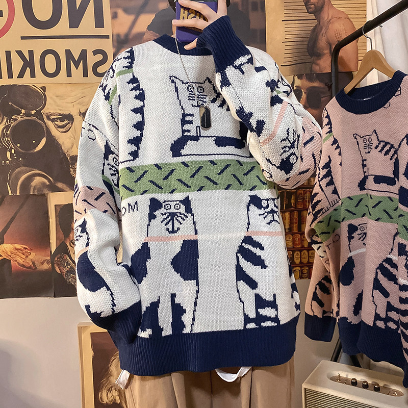 Lazy Wind Cec Cartoon Collision Color Sweater Male Autumn Winter Ins port Wind trendy lovers Knitted Sweatshirt Loose Casual Sanitary Clothing