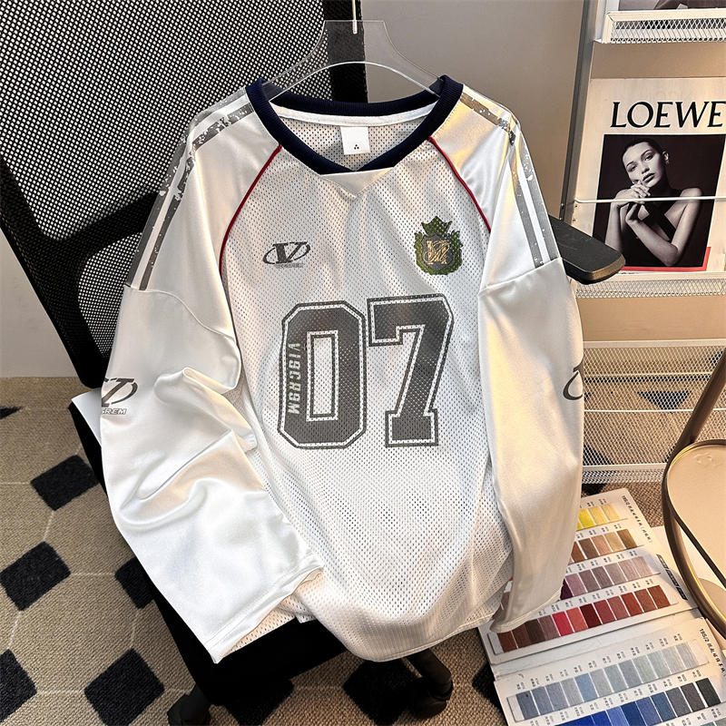 American-Style Mesh Sports Jersey Style Long-Sleeved T-Shirt for Men, Spring and Summer Thin Breathable Loose Casual V-Neck Patchwork Top American-Style Mesh Sports Jersey Style Long-Sleeved T-Shirt for Men, Spring and Summer Thin Breathable Loose Casual V-Neck Patchwork Top
