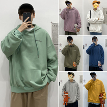 Autumn harbor wind chic hooded pullover solid color men plus velvet Korean trend loose winter Joker coat