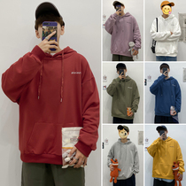 Autumn and winter harbor wind hooded pullover solid color plus velvet men Korean trend loose Joker couple coat