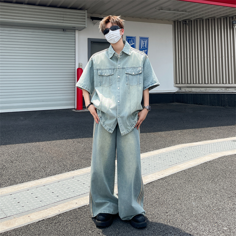 Niche Retro Denim Shorts and Shirt Set for Men, Summer Striped Design, Loose Washed Denim Two-Piece Set