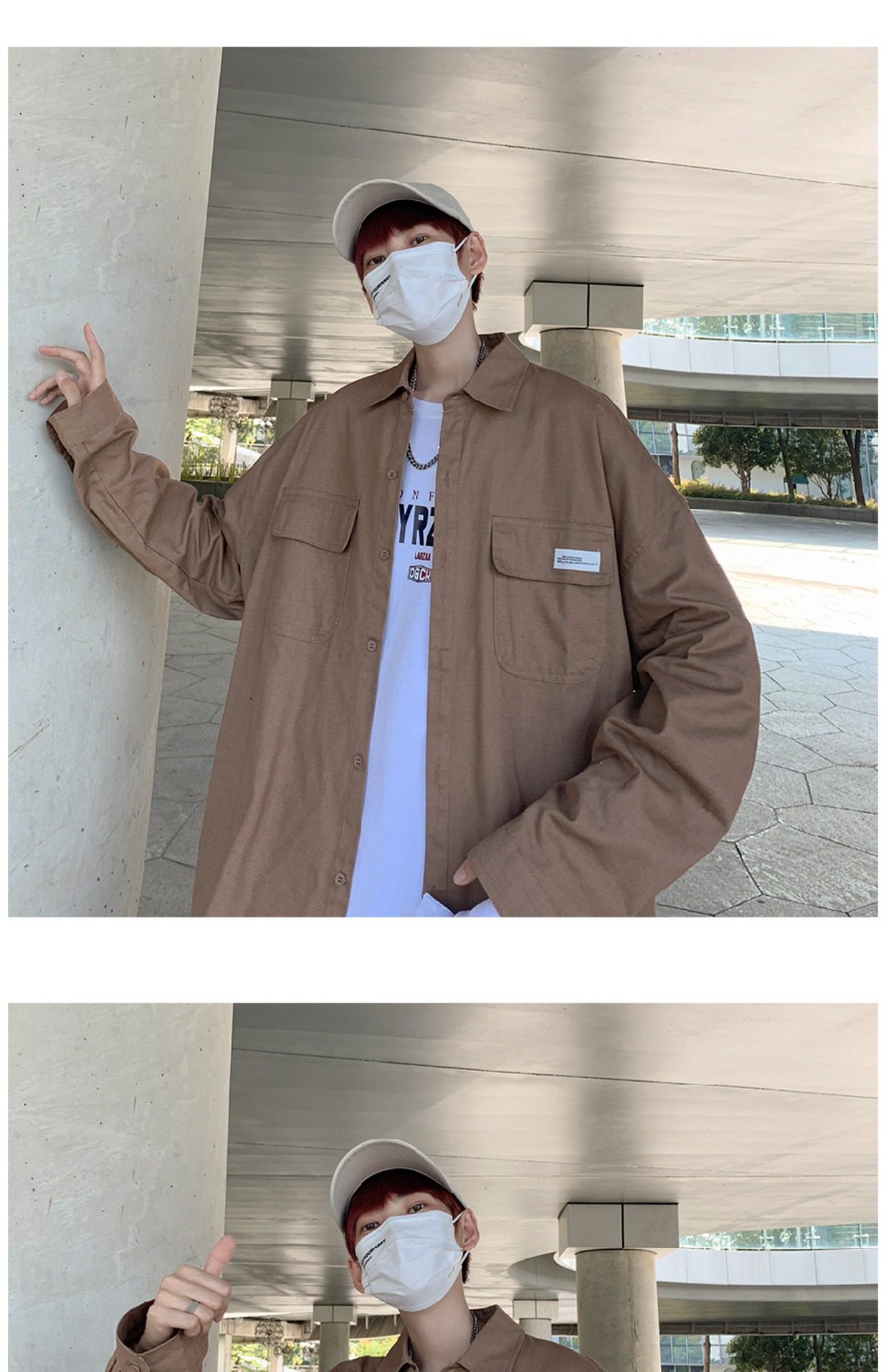 日系cityboy翻领衬衫男春秋季宽松百搭简约纯色外套帅气工装上衣详情27