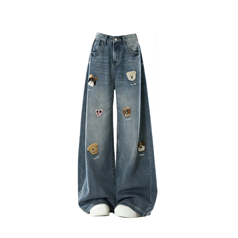 Puppy Embroidery Scimitar Jeans for Men and Women, 2026 Autumn New Design, Slim-Fit Casual Wide-Leg Straight Pants