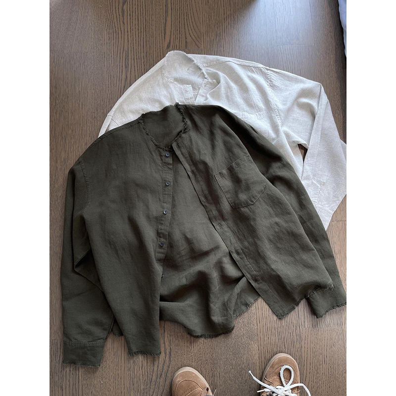 Old Money Style Linen Shirt for Men, Summer Thin Vintage Frayed Long-Sleeve Shirt, Cleanfit Loose Sun Protection Jacket