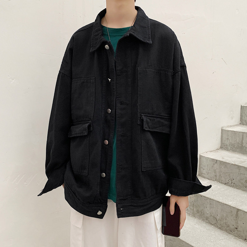 Port Wind Loose Denim Jacket Male Korean version Trend Multi-pocket jacket Fall Ins Tide Cards Students 100 lap upsets