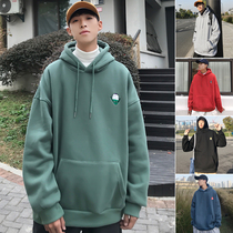 Solid color plus velvet hooded sweater mens autumn and winter Hong Kong style chic trend loose student top casual wild jacket